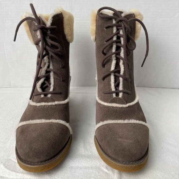 UGG Brown Suede and Wool Lace Up Heeled Boots - Picture 3 of 8